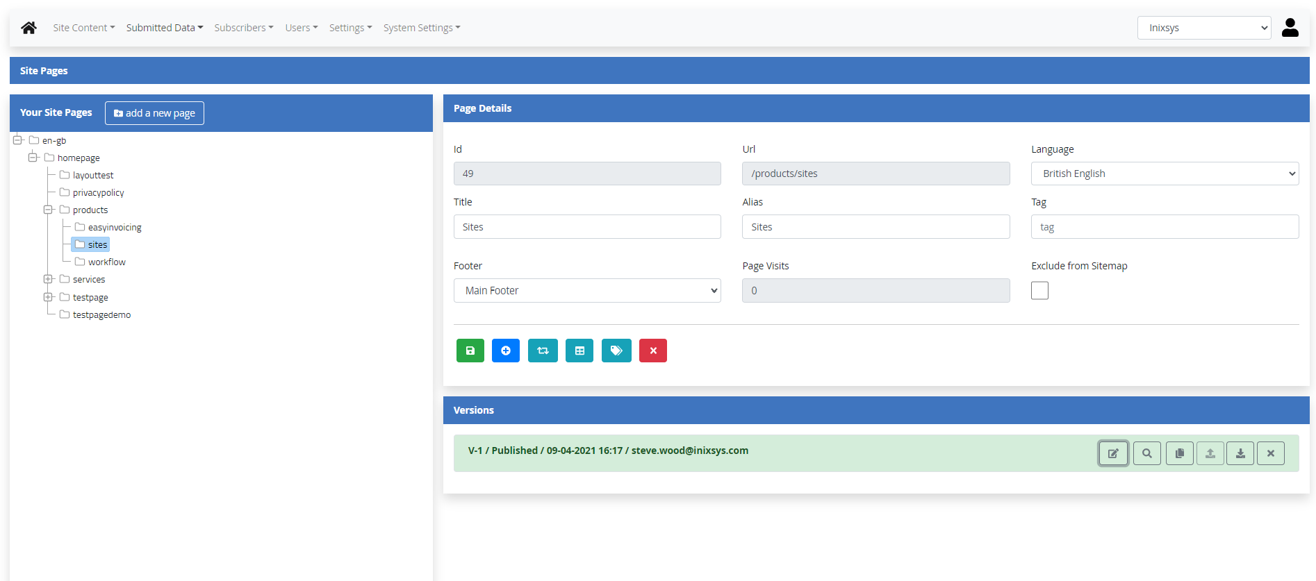 site admin main screen